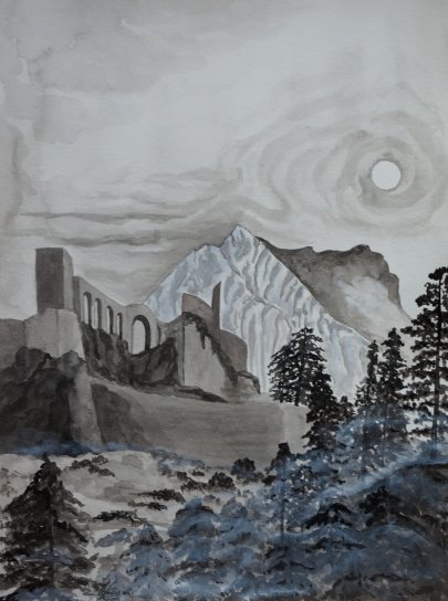 La lumière tombe sur les murs de pierre mais la lune est nimbée d'une renaissance fantomatique